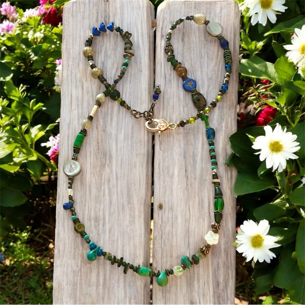 New Brown, Green & Blue Multi Bead (Glass, Gemstone, Czech Glass) Long Necklace